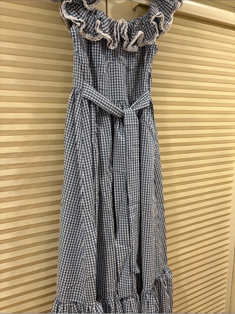 NWOT Doen Blue Gingham Ruffle Off-Shoulder Midi Dress, Size M - Picture 4 of 10